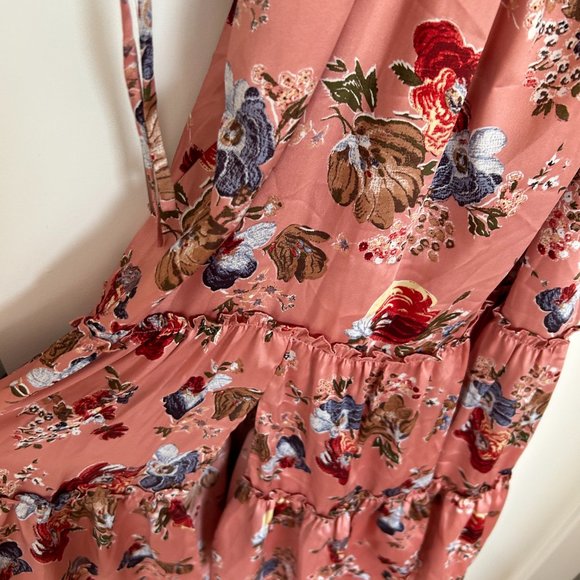 Cinq à Sept Martine Silk Cut-out Midi Dress Sz 10 Bare Rose Floral Tiered Skirt - Picture 6 of 10